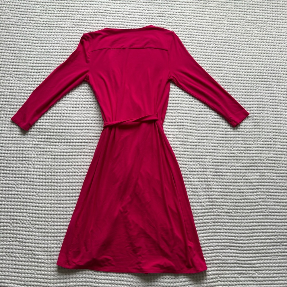 Ann Taylor Bright Pink Wrap Dress 3/4 Sleeve Tie Waist Knee Length: XS - Picture 6 of 7